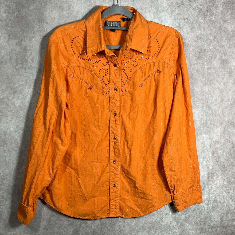 Roughrider Western Shirt‎ Womens Large Orange Metallic Rhinestones Pearl Snap